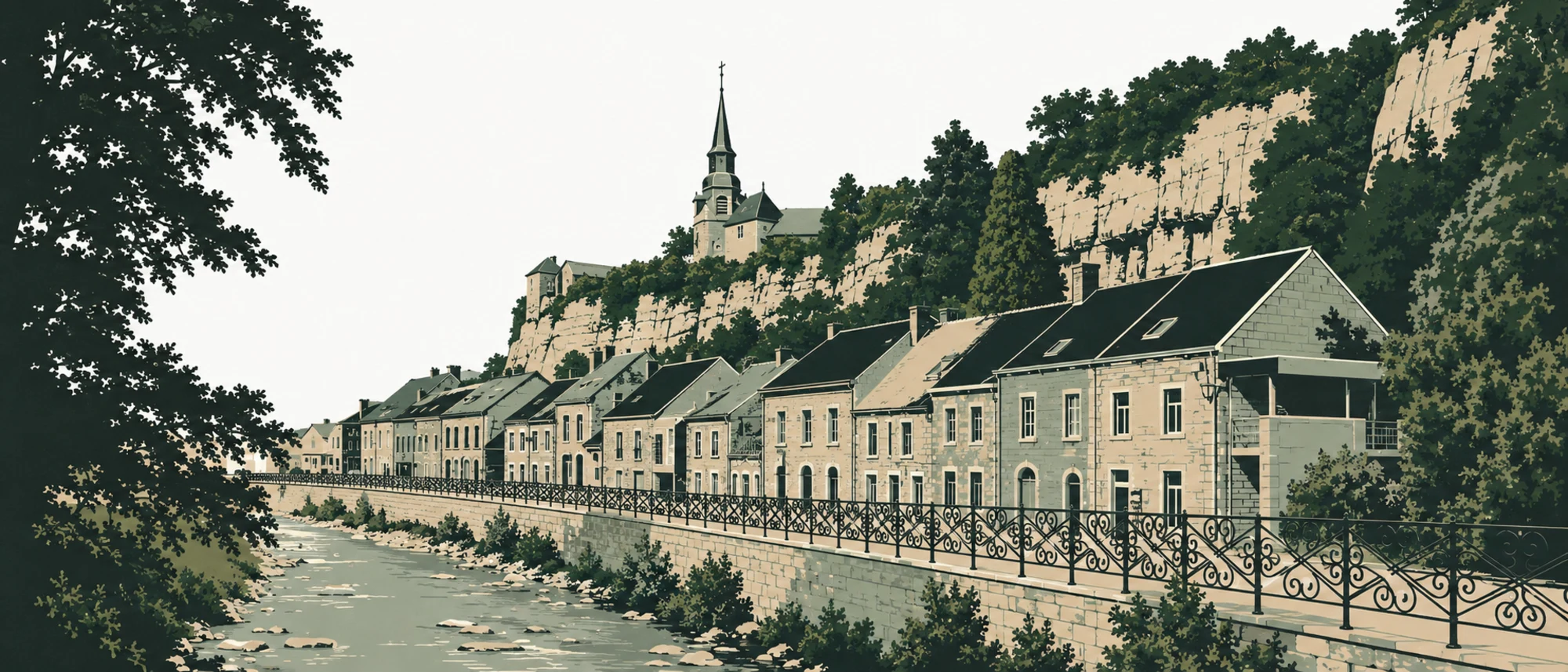Illustration de Couvin : les maisons du quai de l’Eau Noire, l’église sur son éperon rocheux et la falaise calcaire.