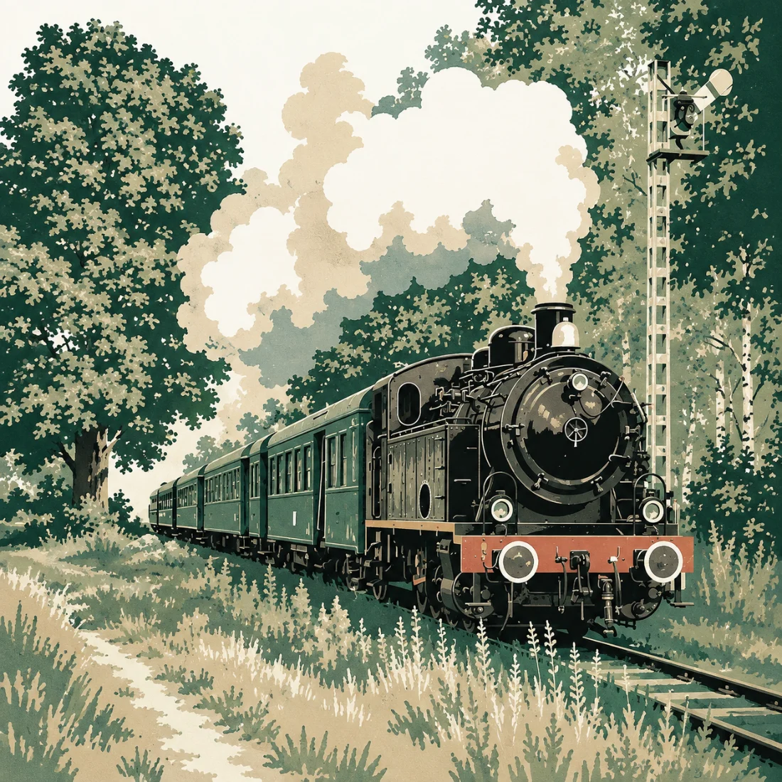 Illustration du train à vapeur des Trois Vallées : locomotive noire et voitures vertes traversant la campagne.